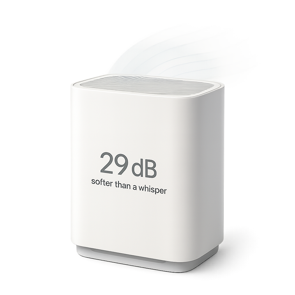 Bedroom at night with soft blue glow and gentle airflow