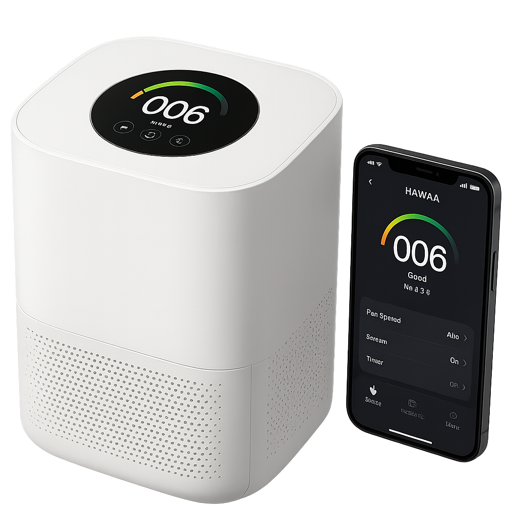 Close-up of touch panel displaying AQI values next to smartphone app UI